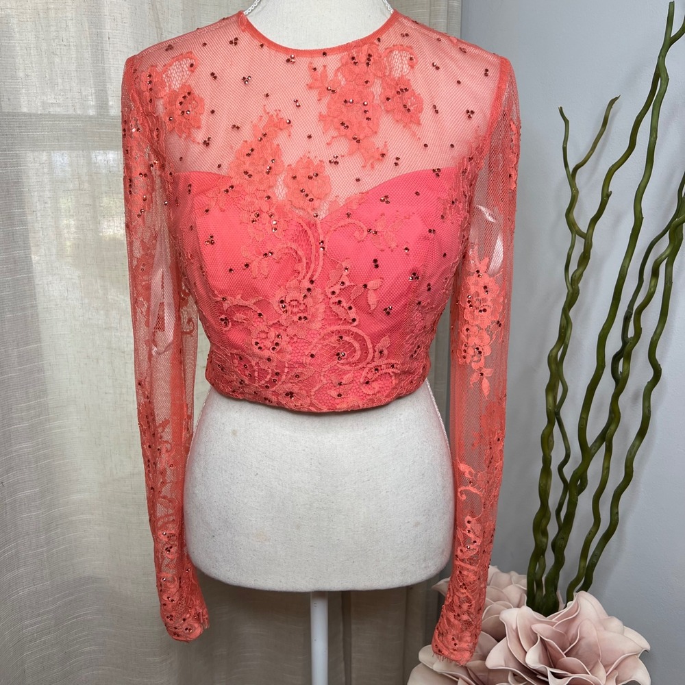 Sherri Hill Rhinestone Lace Crop Top Long Sleeve Coral‎ Pink Women's Size 8